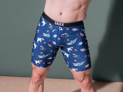 Close-up of a person wearing Long Leg SAXX Underwear Boxer Briefs