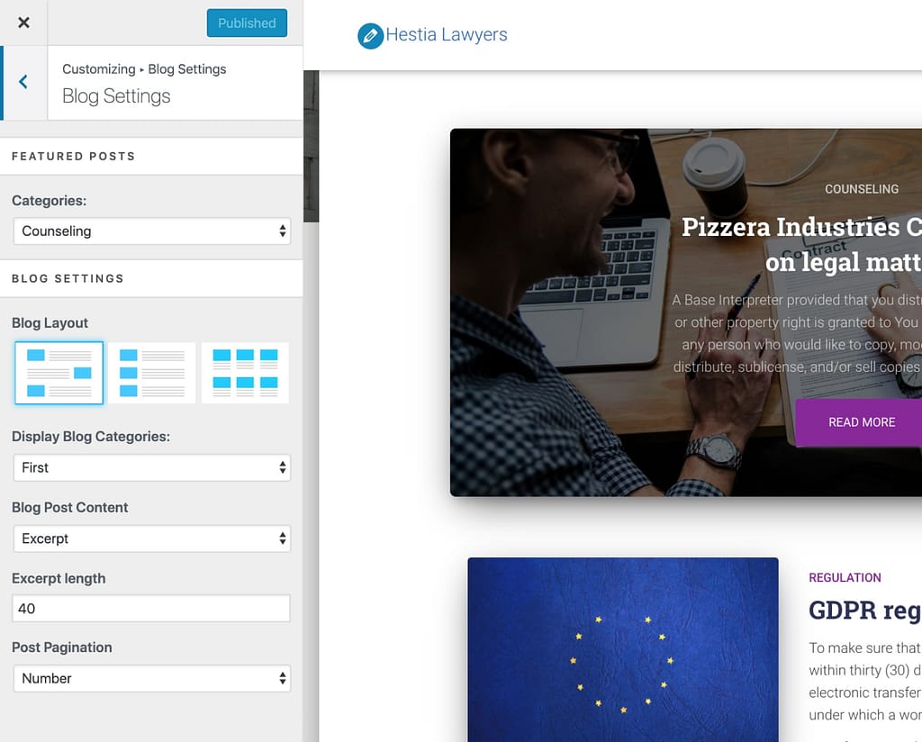The Hestia Pro advanced blog layout, content, and pagination controls in the WordPress customizer