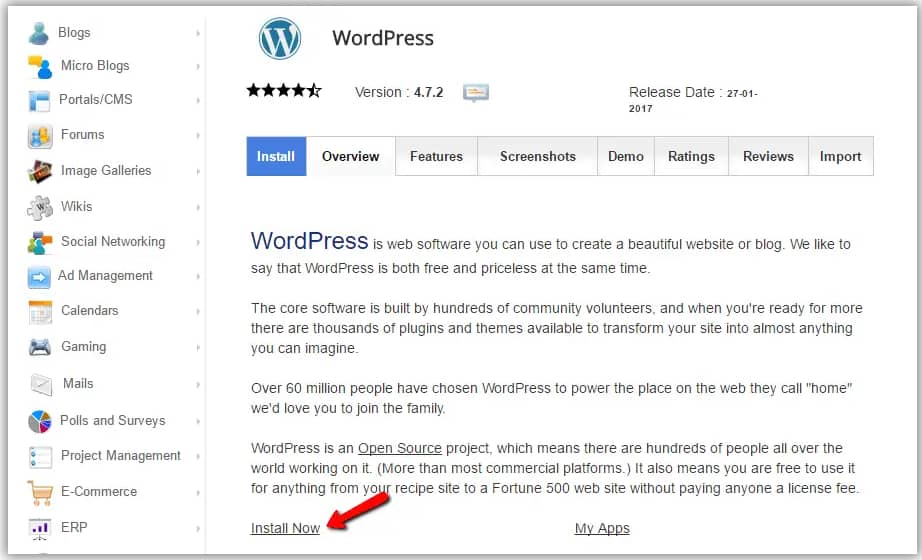 Click to install WordPress