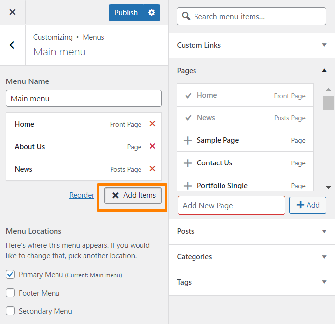 Viewing WordPress Menu Settings