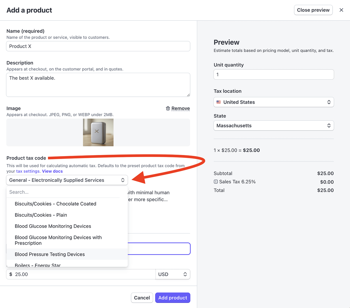 Choosing an alternate product tax code to override the preset.