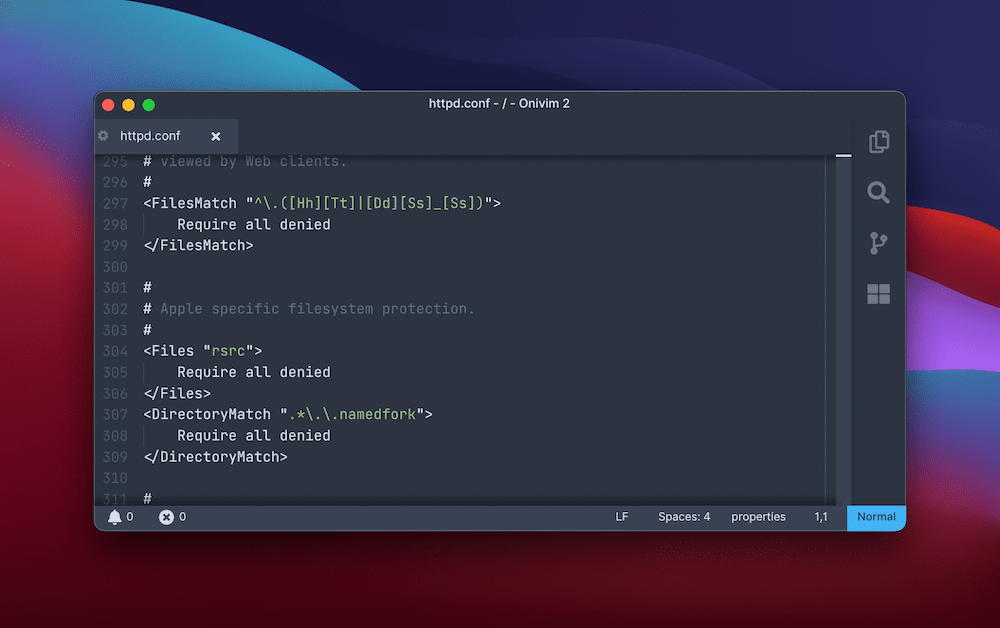An Apache configuration file, showing filesystem protection for specific directories - Nginx vs Apache comparison