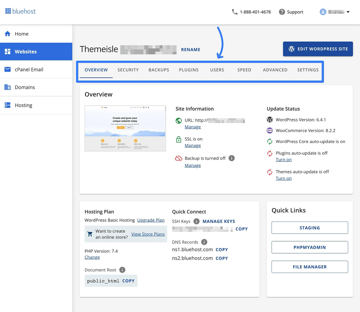 Bluehost dashboard