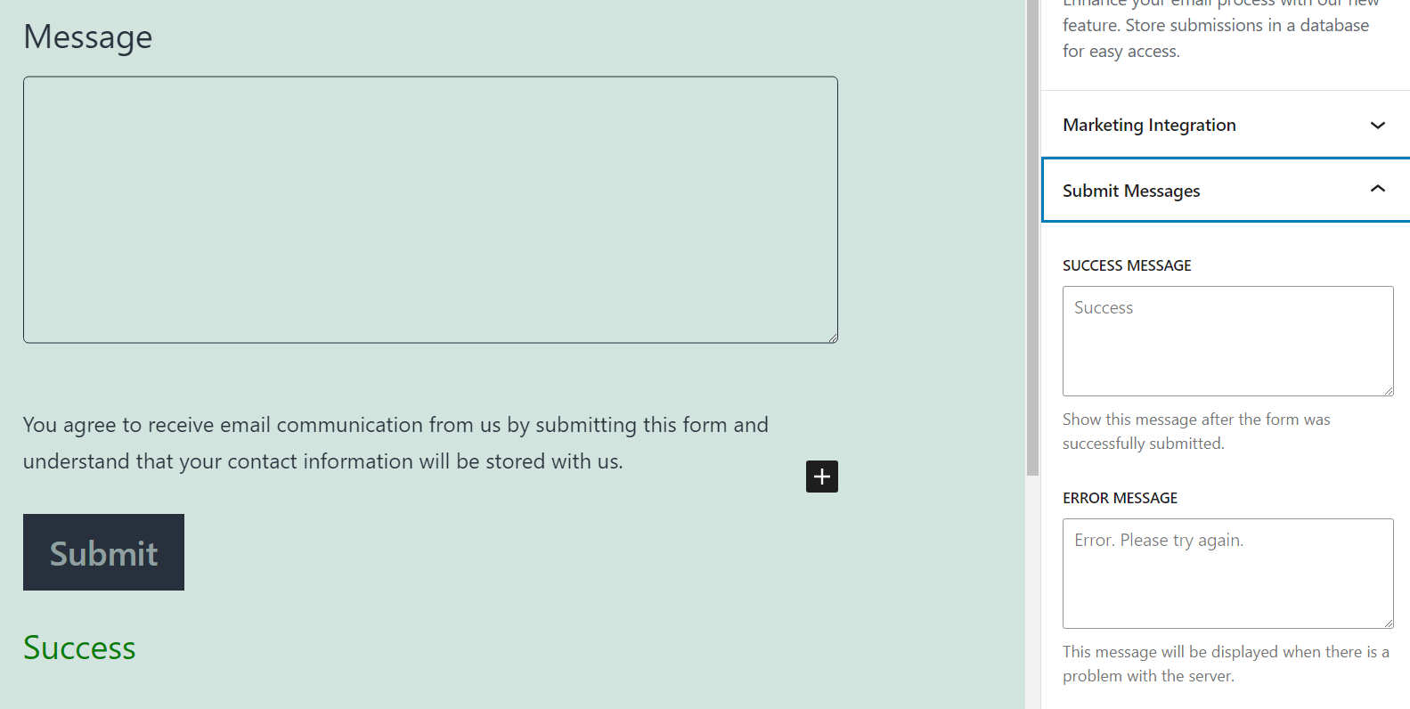 Configuring the success and error messages for your WordPress contact form.