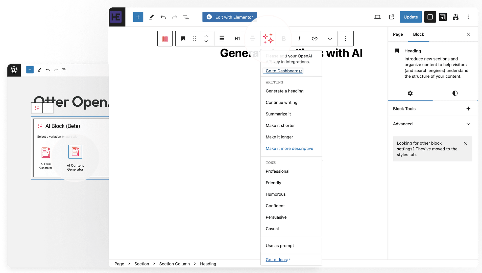 AI content generation in Otter Blocks 2.4