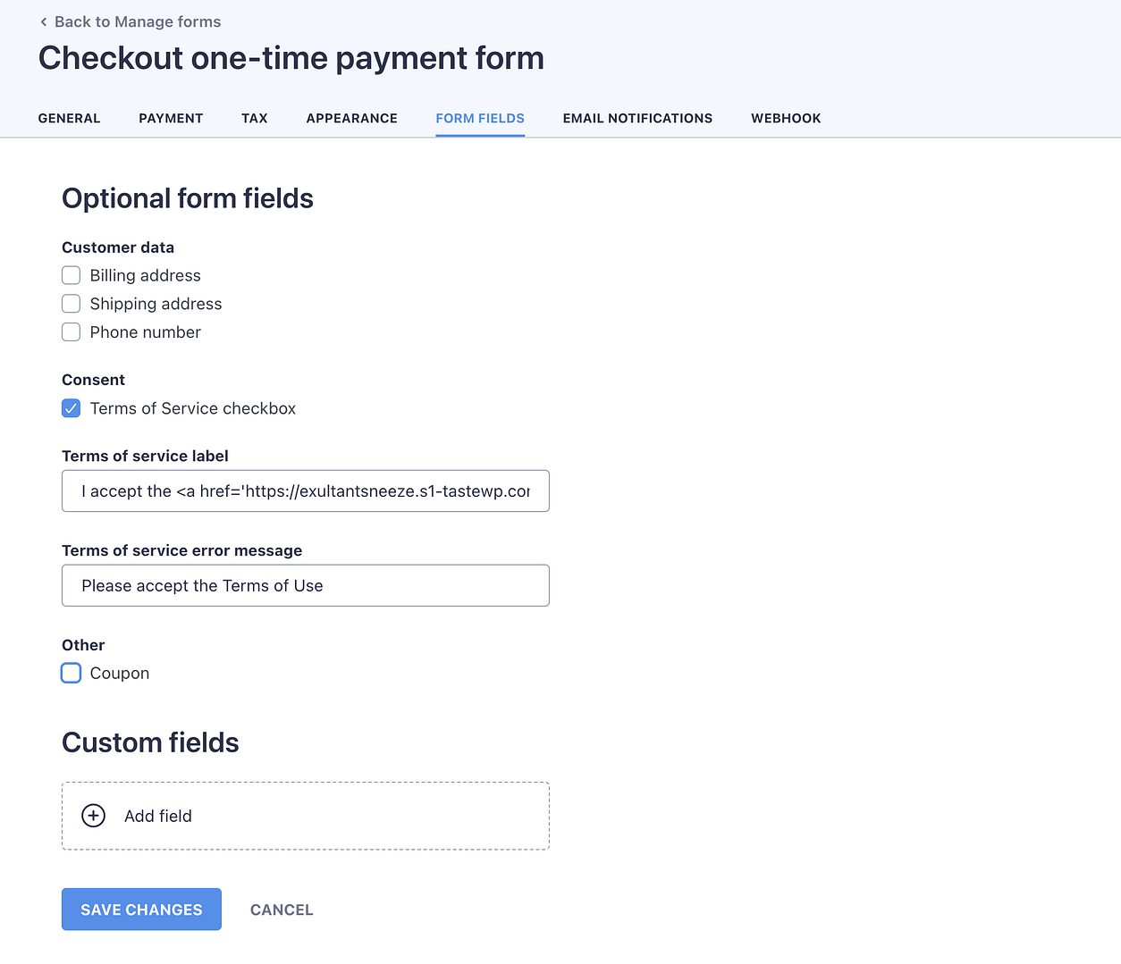 Customizing form fields in payment form.