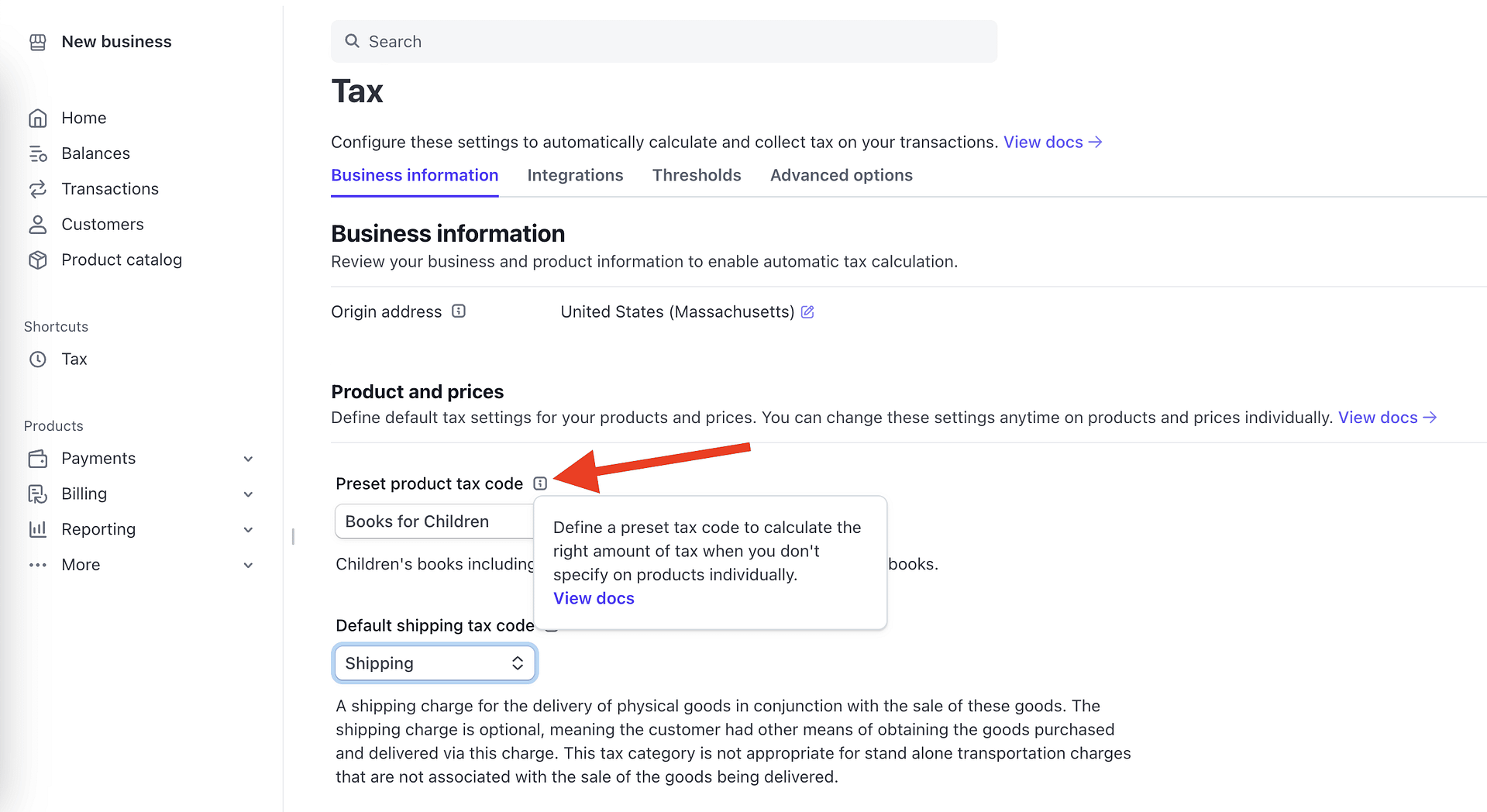 Setting the product tax code preset.