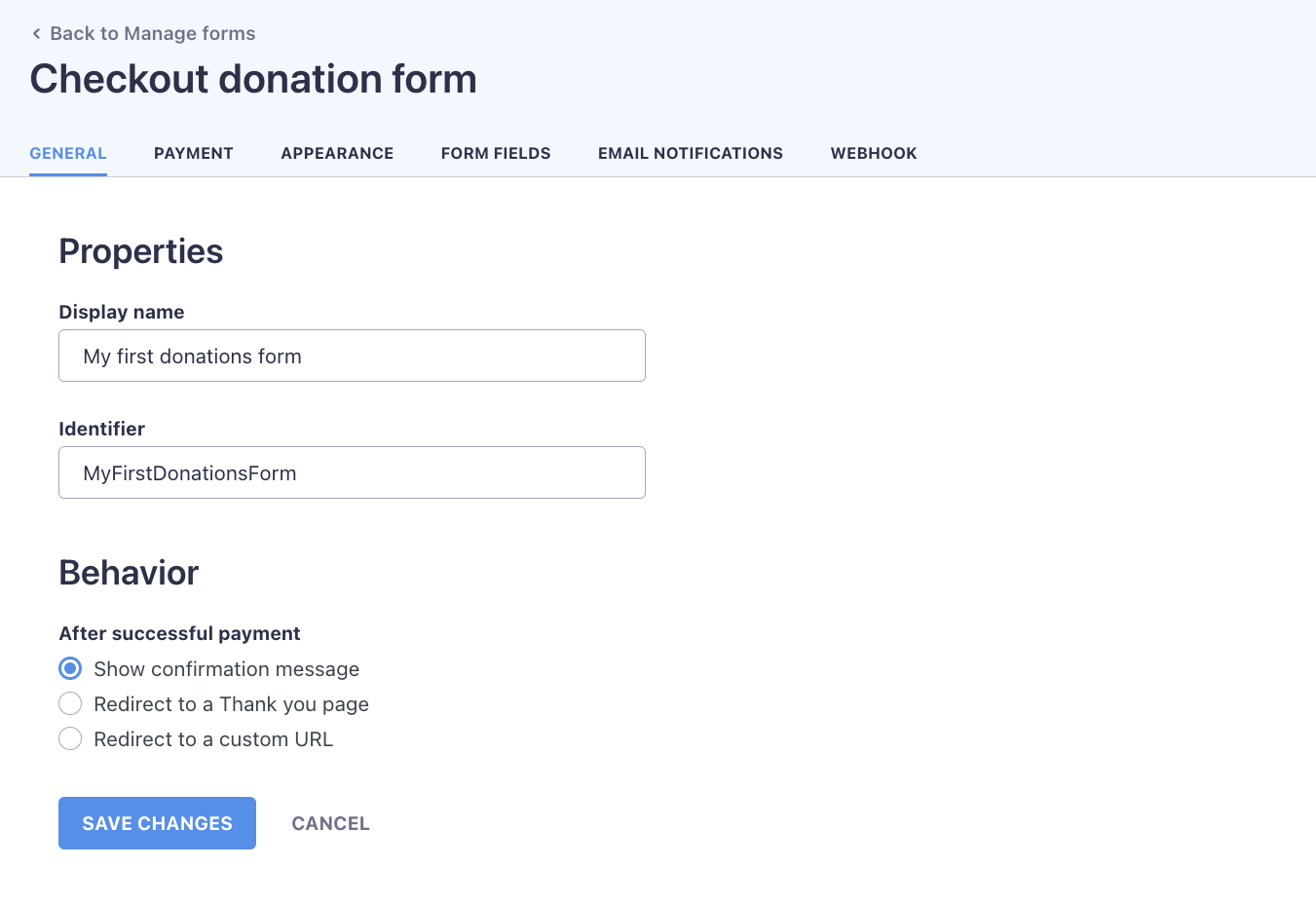 donations form settings