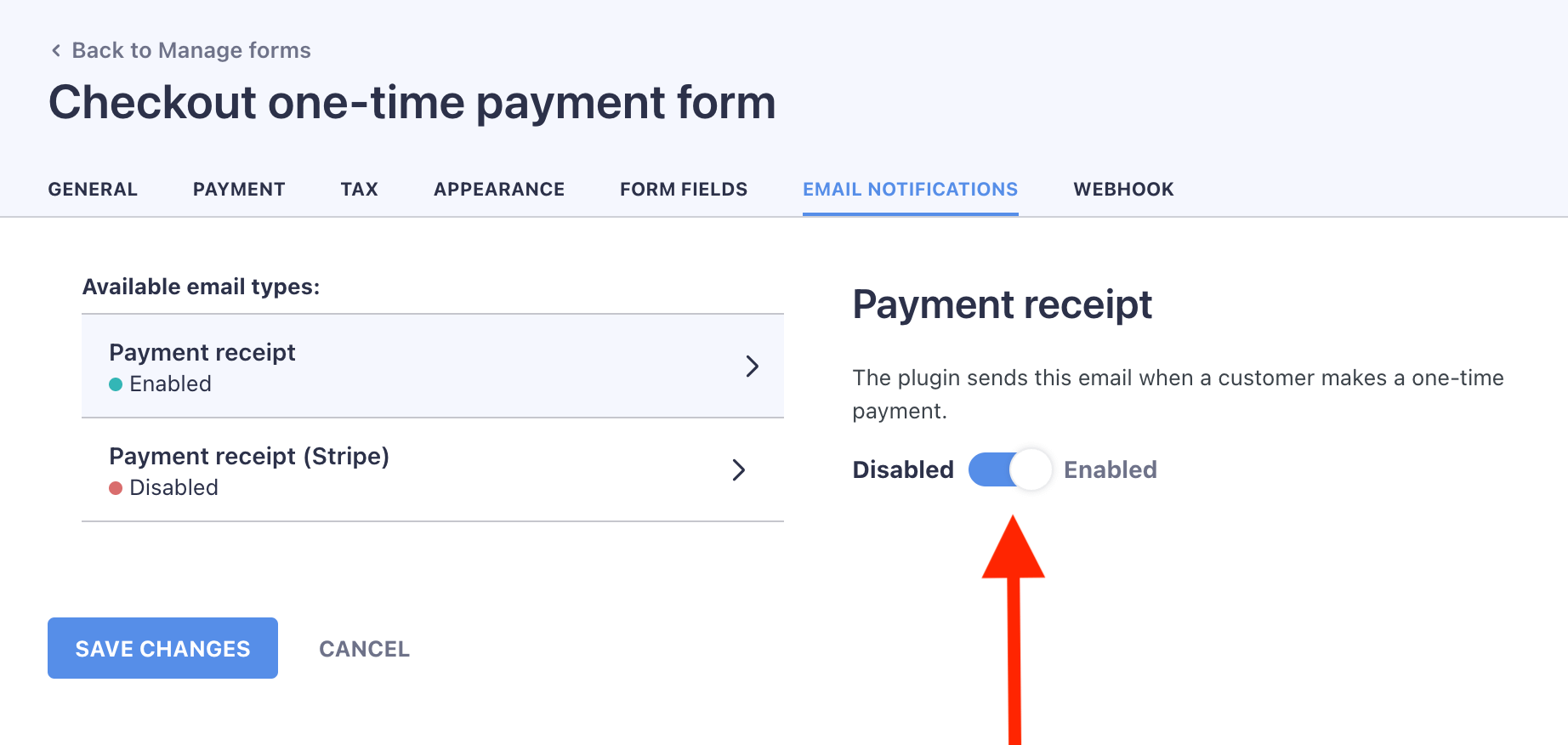 Enabling email notifications for payment receipts.