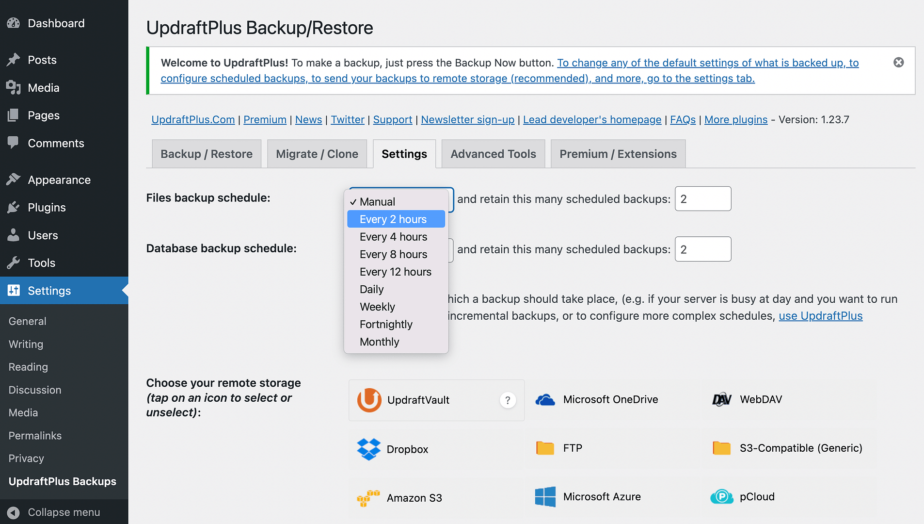 How to backup a WordPress site for free: Choose files backup schedule in UpdraftPlus.