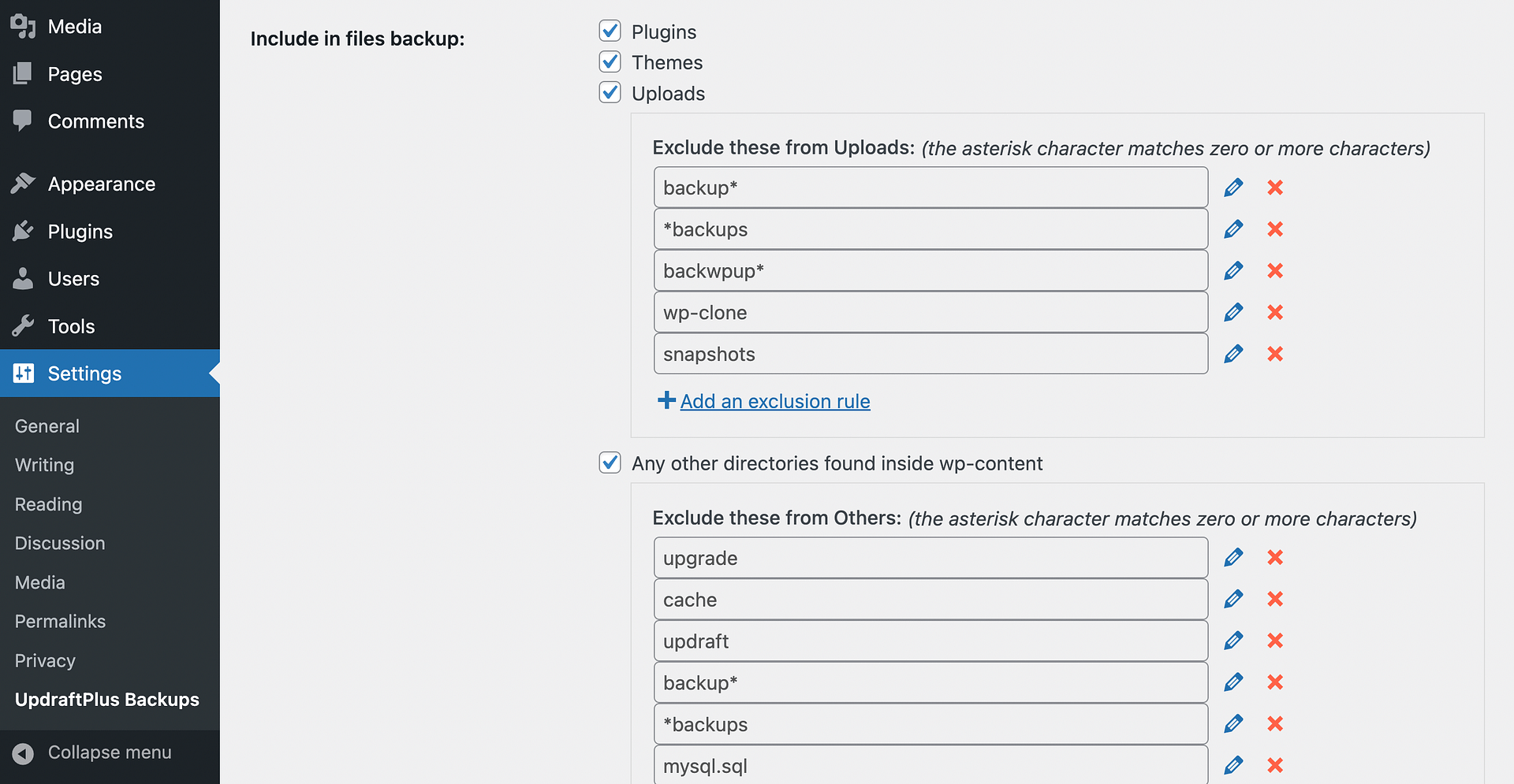 Choose what to include in your files backup.