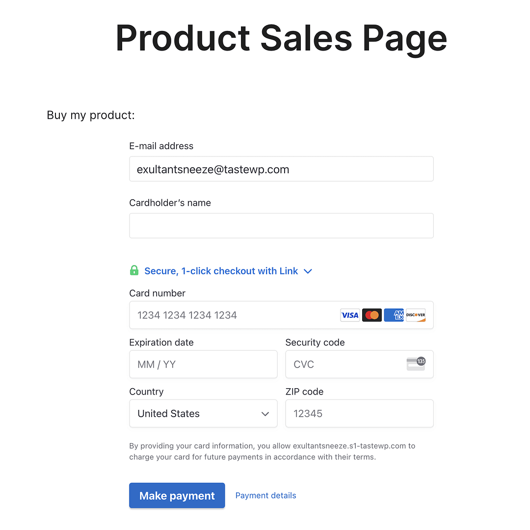 Examining the alternate full-form display of the payment form on the frontend.