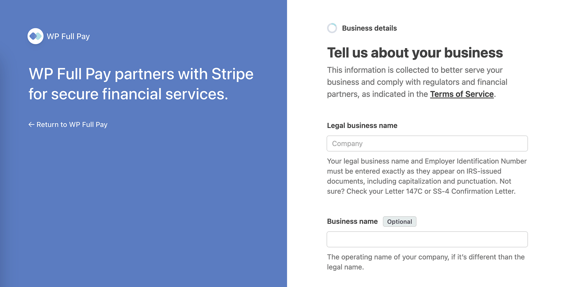 Setting up a new Stripe account using the WP Full pay setup wizard.