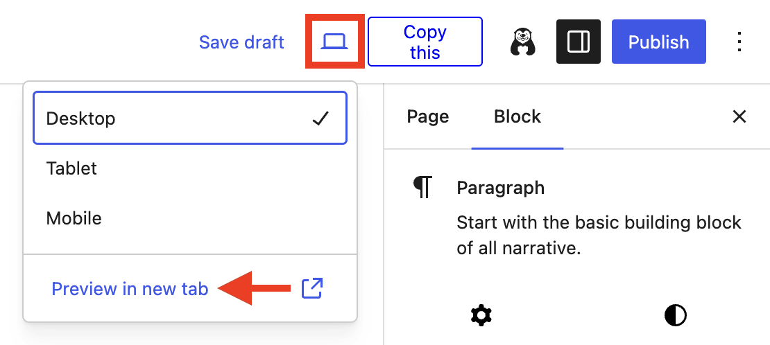 Clicking the preview button inside the block editor.