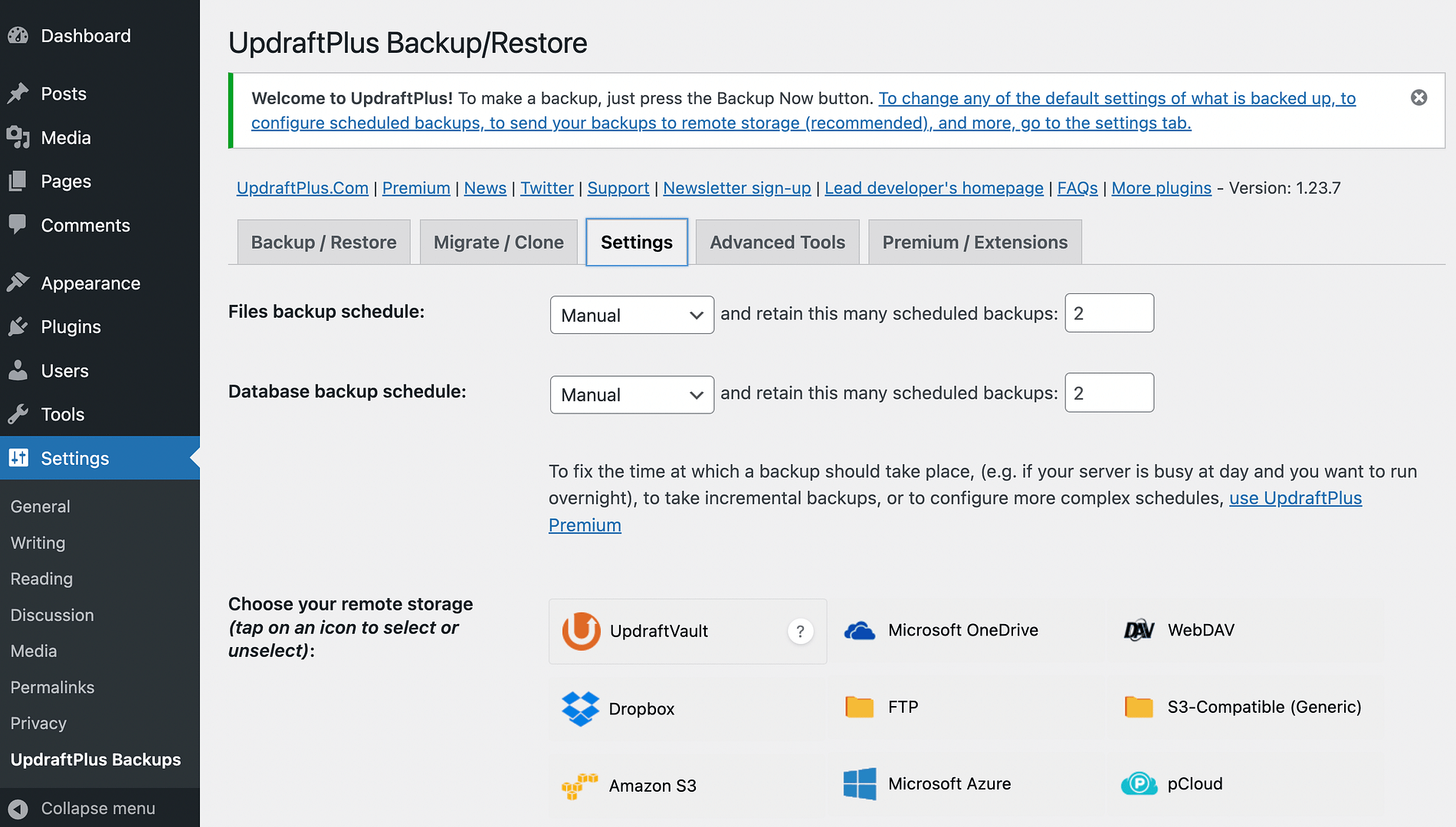 UpdraftPlus settings.