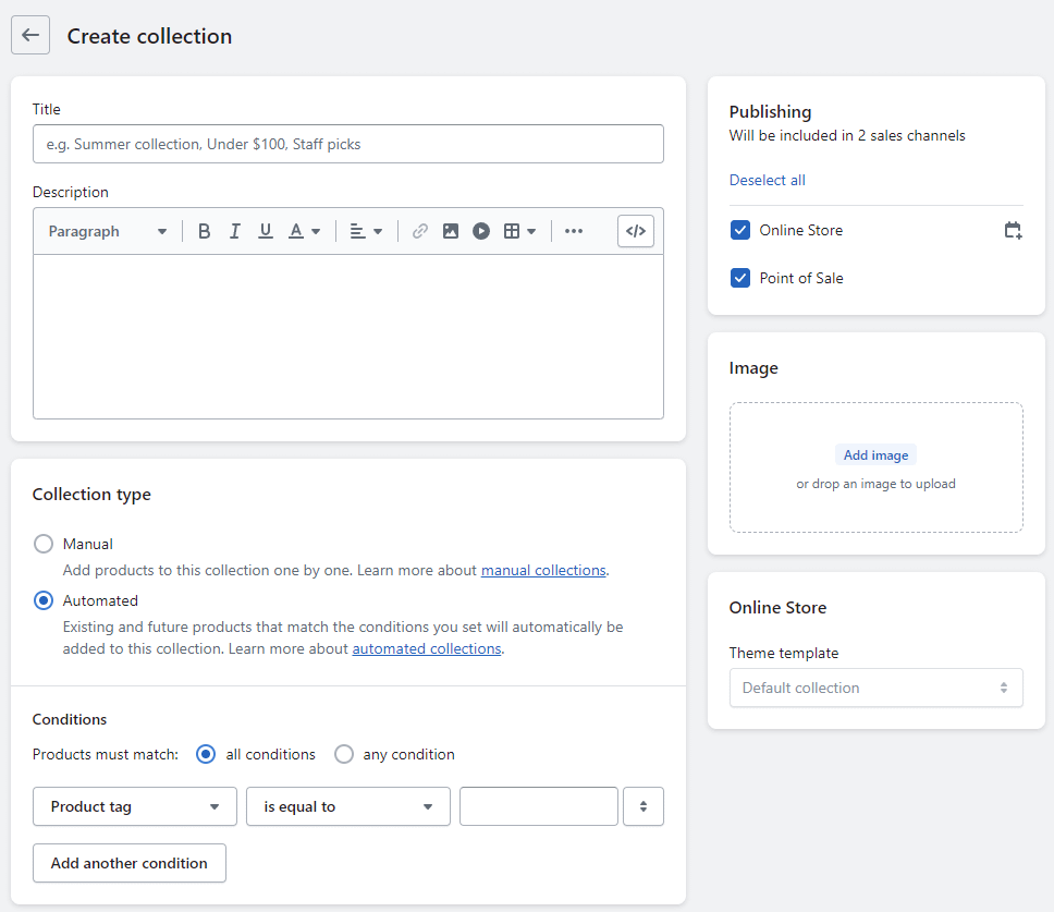 Shopify collection setup for Shopify vs WooCommerce comparison.