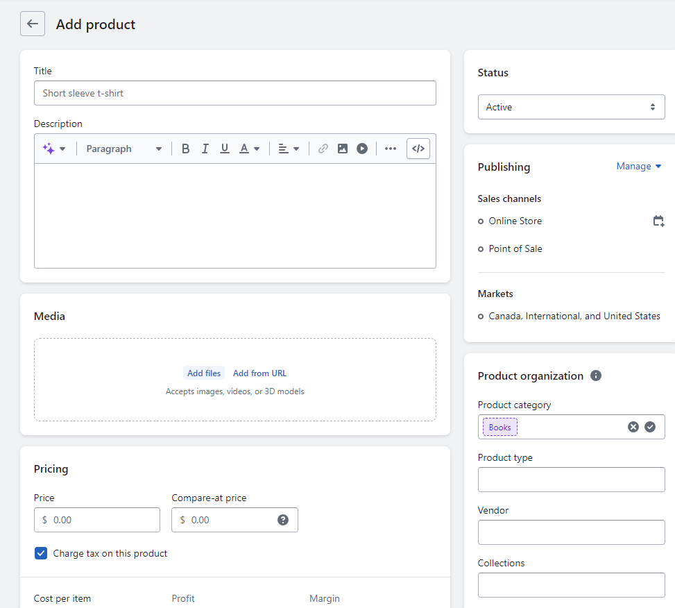 Shopify product setup area for Shopify vs WooCommerce comparison.