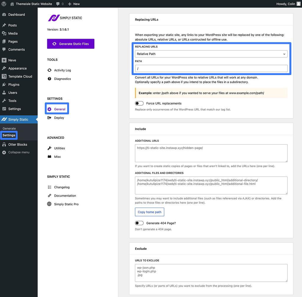 The Simply Static plugin settings to make a static WordPress website