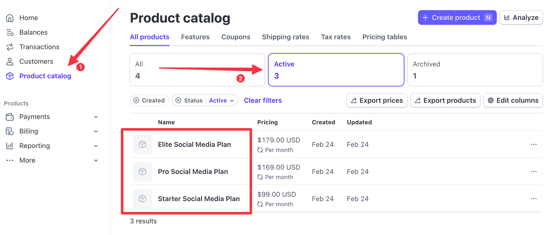 recurring product catalog in Stripe