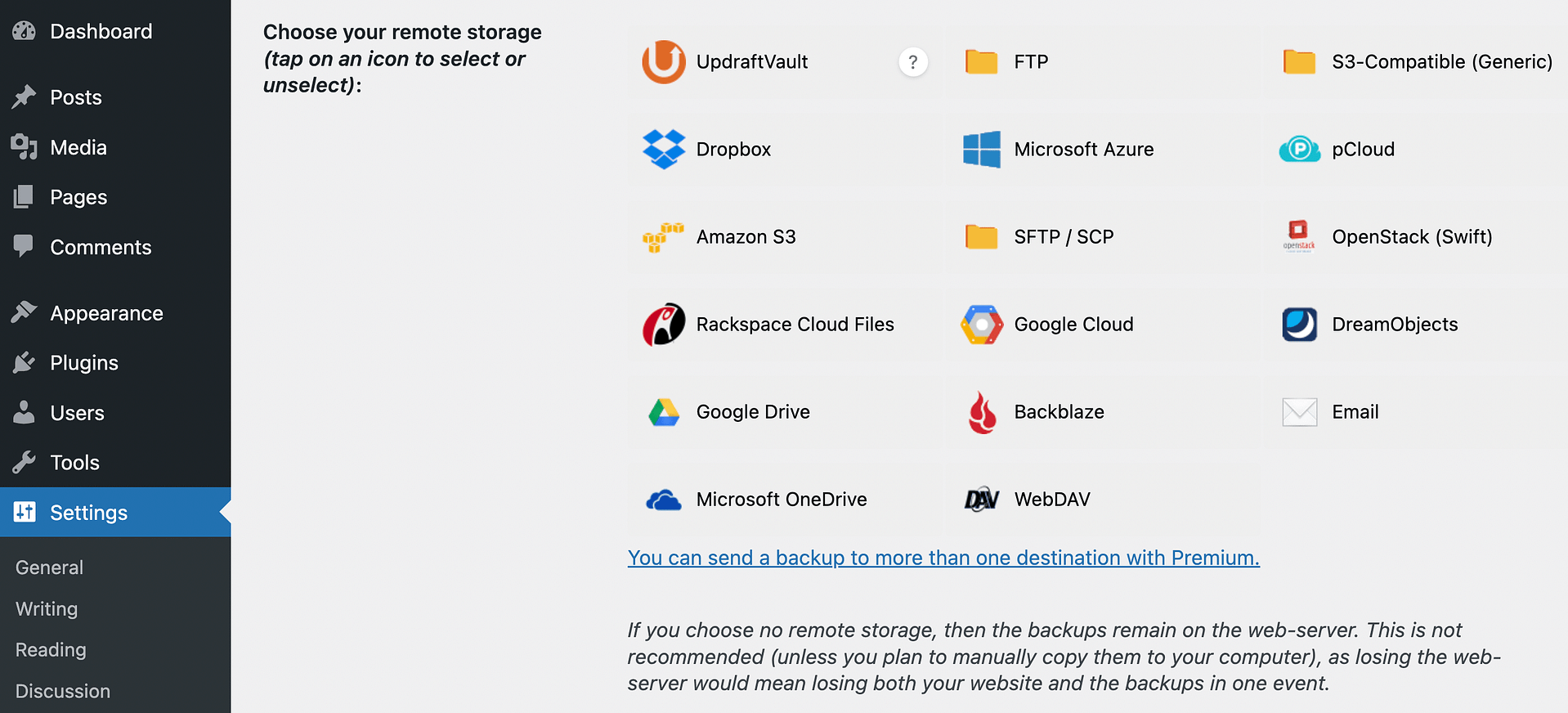 Select a remote storage location for your WordPress backups.