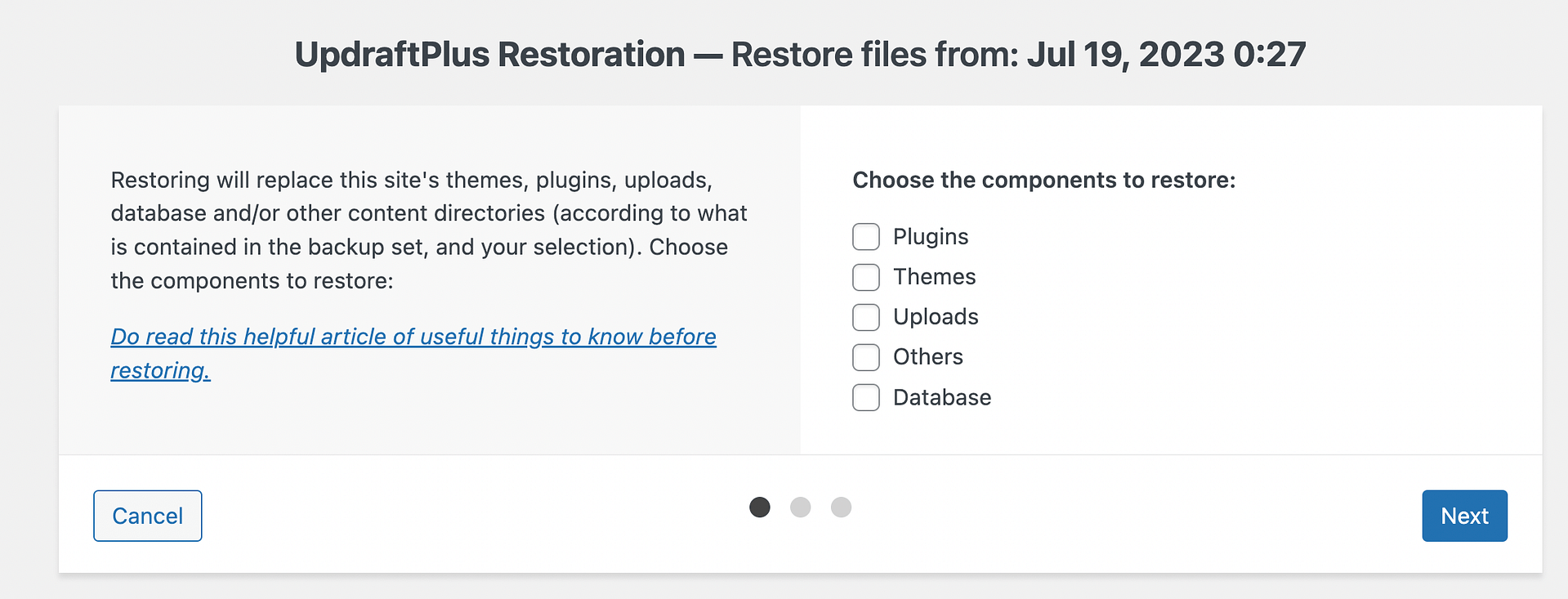 UpdraftPlus restoration wizard.