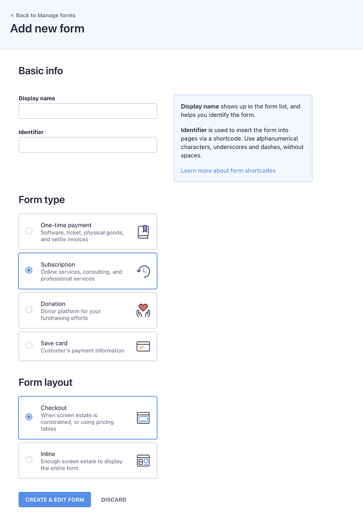 form settings for recurring products